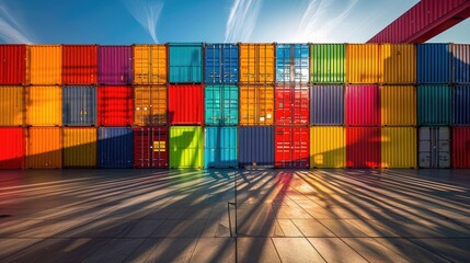 Fototapeta premium Colorful shipping containers are lined up in a warehouse