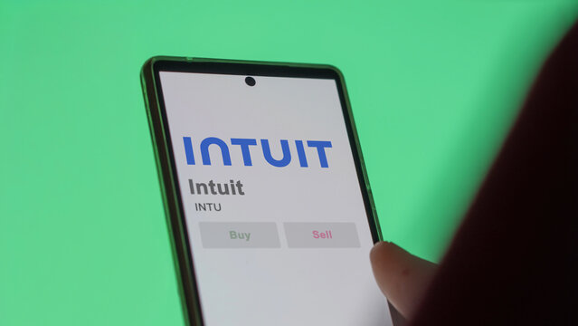 April 09th 2024 , Mountain View, California. Close up on logo of Intuit on the screen of an exchange. Intuit price stocks, $INTU on a device.