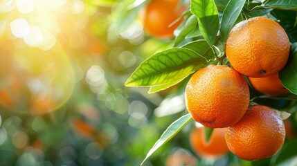 Close-Up of Ripe Oranges: A close-up shot of vibrant, ripe oranges hanging on a branch, with rich green leaves. 