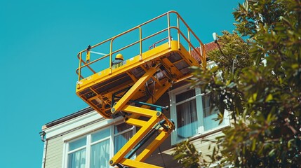 An automobile crane with a telescopic boom is set outdoor under a blue sky