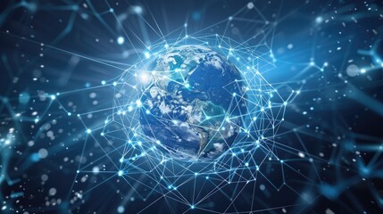 Digital Representation of Earth Encased in a Futuristic Network Grid, Illustrating Global Connectivity and Data Exchange in Outer Space