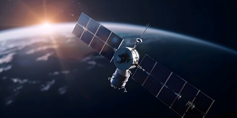 Telecommunication satellite with solar panels transitioning to geostationary orbit in xray style. Concept Space Technology, Solar Energy, Satellite Deployment, X-ray Illustration, Geostationary Orbit