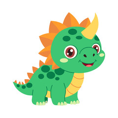 A cartoon dinosaur with a green body and orange spikes on its head. It has a big smile on its face