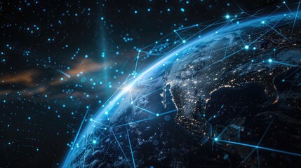 Digital Representation of Earth Encased in a Futuristic Network Grid, Illustrating Global Connectivity and Data Exchange in Outer Space