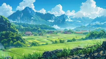 Obraz premium A picturesque anime-style rural landscape with rice paddies and mountains in the background.