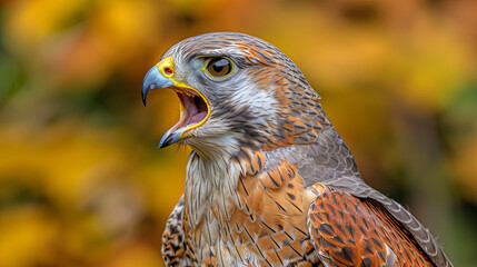 A bird with a yellow beak is standing in front of a tree