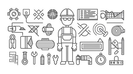 Modern illustration of a working engineer dressed in work clothes surrounded by work tools.