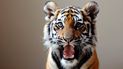 Obraz premium A baby tiger is standing in front of a wall