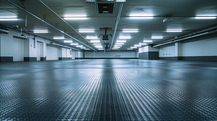 Naklejka premium Matte finish rubber tiles in a spacious garage, subtly reflecting fluorescent lights