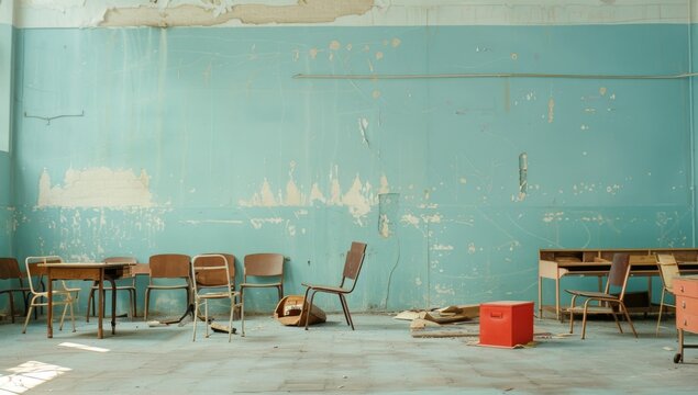 old school classroom with chairs and desks 