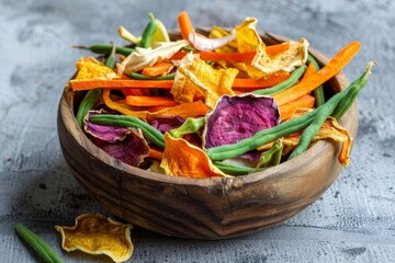 Healthy vegetable chips made from dried and fried green beans eggplant carrots radish and pumpkin