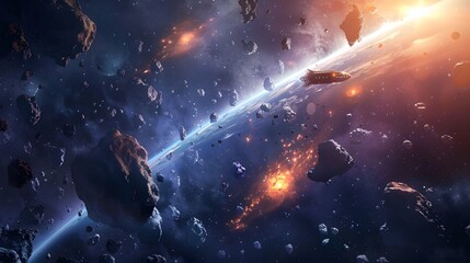 Naklejka premium Space ufo with asteroids. 