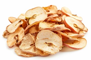 Heap of dehydrated apple slices on white surface