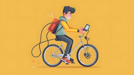 Obraz premium Green Energy Fun: Cartoon Character Pedaling Bicycle Generator to Charge Phone - Playful Human-Powered Energy Illustration
