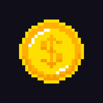 Gold coin 8-bit icon, gold coin pixel item for game interface, coin game element resource.