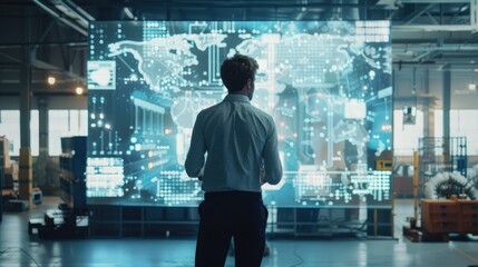 Engineer standing in front of a large digital display screen and using a digital tablet to manage global logistics with icons and data overlays representing technology and connectivity