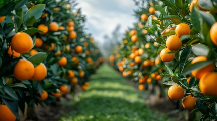 Orange plantation on sunny summer day. Landscape photo. Heathy fresh fruit. Vitamin. Orange grove harvest.	