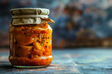 Homemade Andhra spicy avakaya mango pickle in traditional jar on marble background focused
