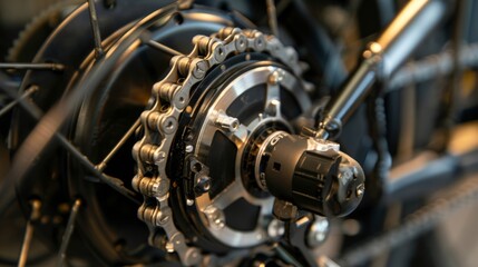 Macro shot of the rear hub motor revealing its powerful coils and gears as well as the tiny sensor that transfers energy from the battery to the wheels.