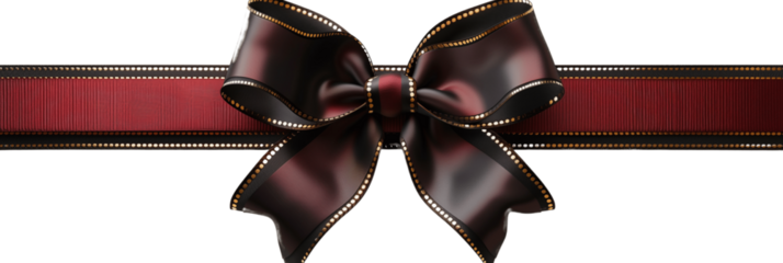 Christmas present red ribbon and bow with gold isolated against transparent background