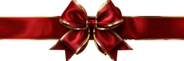 Christmas present red ribbon and bow with gold isolated against transparent background