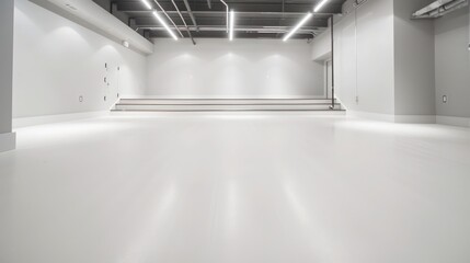 Bright white rubber flooring in a minimalist basement, reflecting cleanliness and simplicity in design