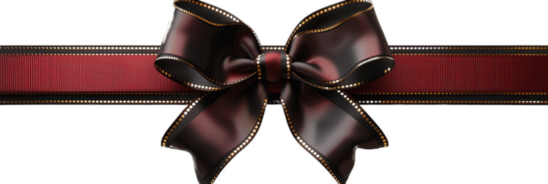 Christmas present red ribbon and bow with gold isolated against transparent background