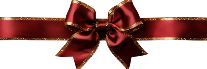 Christmas present red ribbon and bow with gold isolated against transparent background