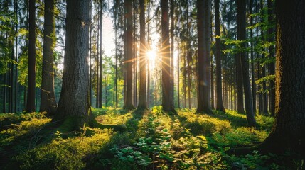 A serene forest scene with tall trees and sunlight filtering through the leaves.