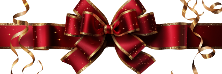 Christmas present red ribbon and bow with gold isolated against transparent background