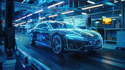 Obraz premium A high-tech car factory with robotic arms, holographic screens displaying design data and product models in the air above production lines. In a blue color theme. The scene is captured from an overhea