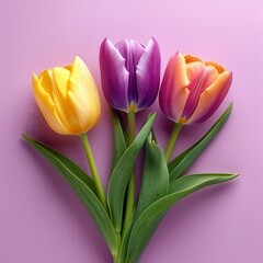 Fototapeta premium Three vibrant tulips in yellow, purple and orange, arranged on a purple background.