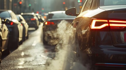 Traffic inching along a crowded highway during peak hours, causing a large smog cloud