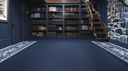 Obraz premium Classic navy rubber mats in a basement, providing a durable and stylish floor for a home office or library