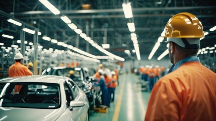 Factory Worker Looking at Car Assembly Line