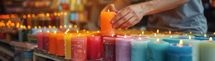 Candle maker crafting layered scented candles, Candle Making, Artisanal Craft