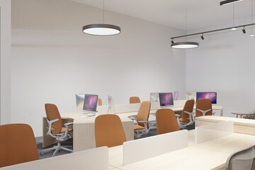 Modern office corner, white walls, computer desks