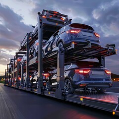 Car Transport Truck Carrying Multiple Vehicles On Highway at Dusk