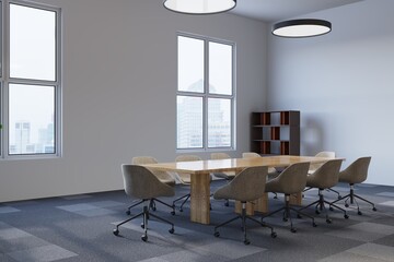 Modern office corner, white walls, computer desks