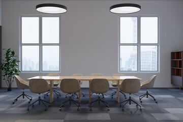 Modern office corner, white walls, computer desks