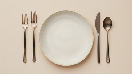 Cutlery, fork, knife, spoon and empty plate on a colored background. AI Generated