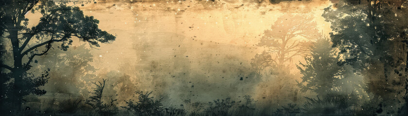Vintage sepia watercolor painting of a misty forest landscape. Artistic representation showcasing the natural beauty and tranquility of the woods.