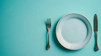 Cutlery, fork, knife, spoon and empty plate on a colored background. AI Generated
