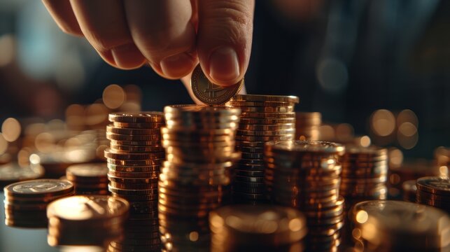 The hand stacking bitcoins