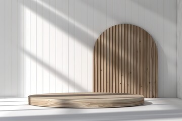 Wooden plate podium and white stage background
