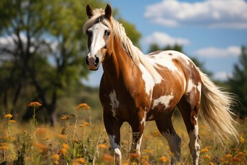 Obraz premium Equine Harmony Manual painting reveals the serenity of a horse on a sunny field, generative IA