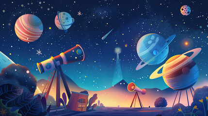 Naklejka premium Astronomy Fest: Cartoon Astronomers' Night of Stars, Laughter, and Cosmic Bonding
