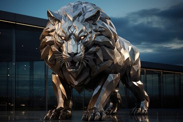 Fototapeta premium Futuristic Urban Leon the elegant synthesis between nature and technology., generative IA