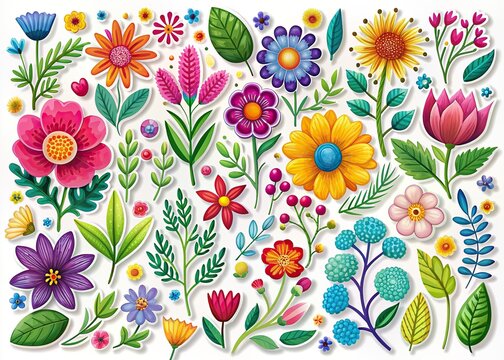 Vibrant colorful floral spring vector stickers feature blooming flowers, leaves, and branches in whimsical illustrations, perfect for decorative designs and spring-inspired projects.