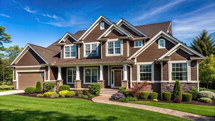 Elegant espresso brown house with siding sits on expansive suburban lot, featuring traditional windows, shutters, and manicured lawn under clear sunny blue sky.
